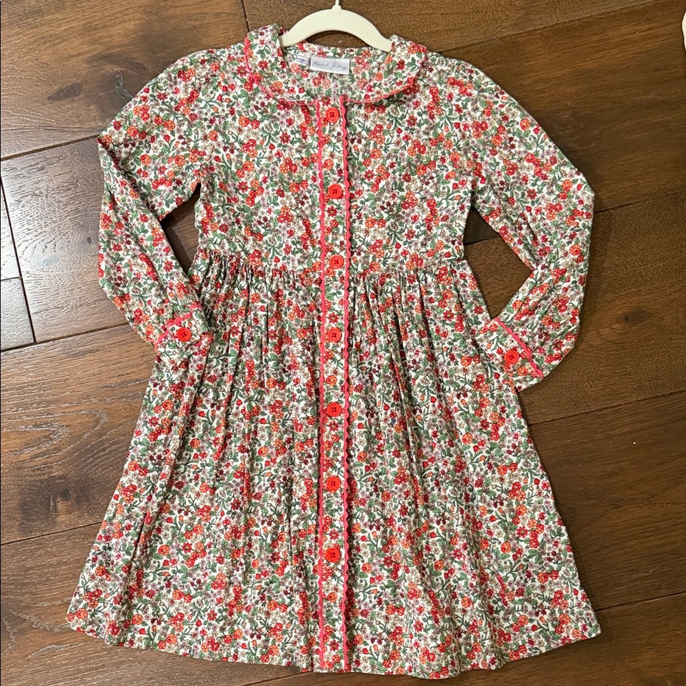 Rachel Riley - Girls Botanical Floral Ric Rac Trim Dress Red & Green - Size: 6Y